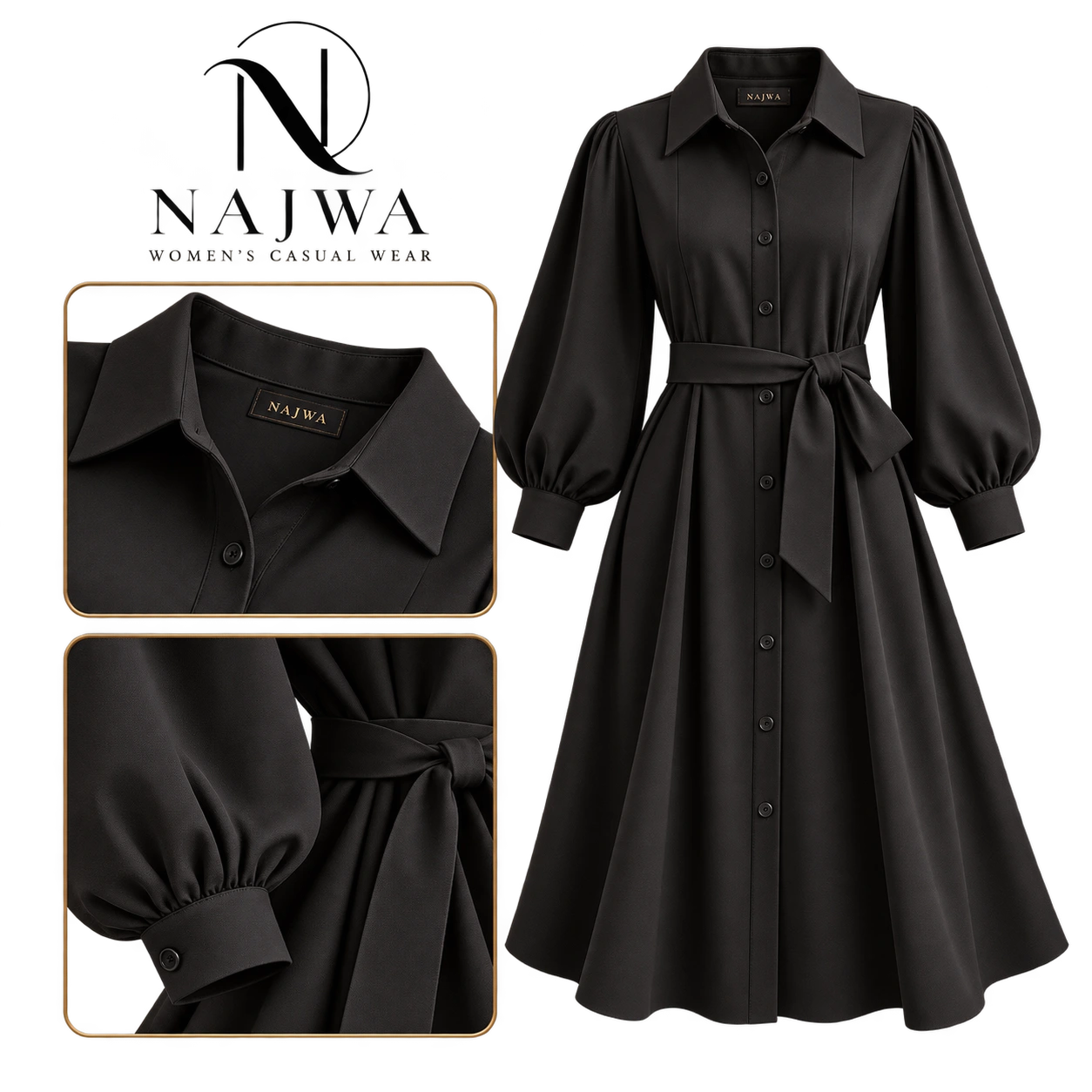 فستان شيرت أسود ميدي بحزام من NAJWA WOMEN'S CASUAL WEAR