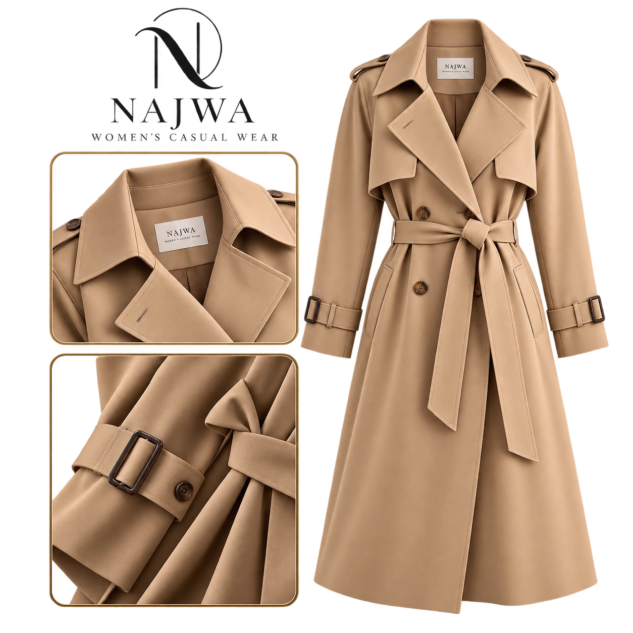 ترنش كوت كاميل بحزام من NAJWA WOMEN'S CASUAL WEAR