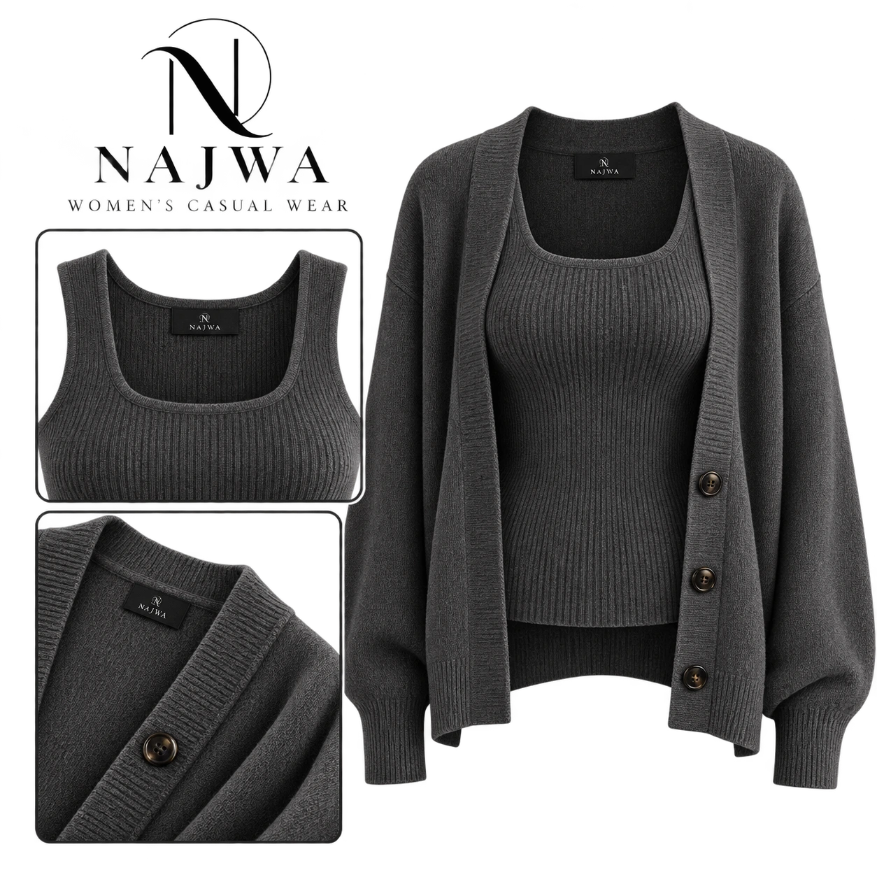 طقم تريكو شاركول توب وكارديجان من NAJWA WOMEN'S CASUAL WEAR