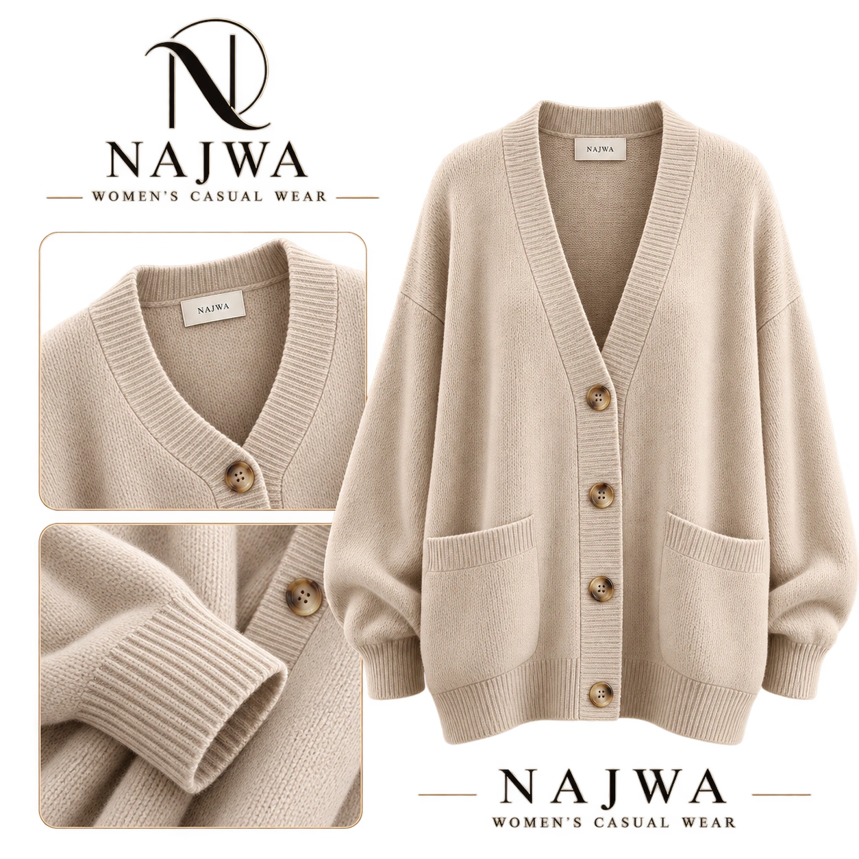 كارديجان تريكو أوف وايت أوفرسايز من NAJWA WOMEN'S CASUAL WEAR