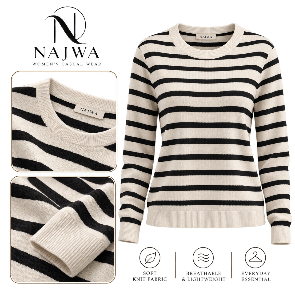 توب تريكو مخطط أوف وايت وأسود من NAJWA WOMEN'S CASUAL WEAR